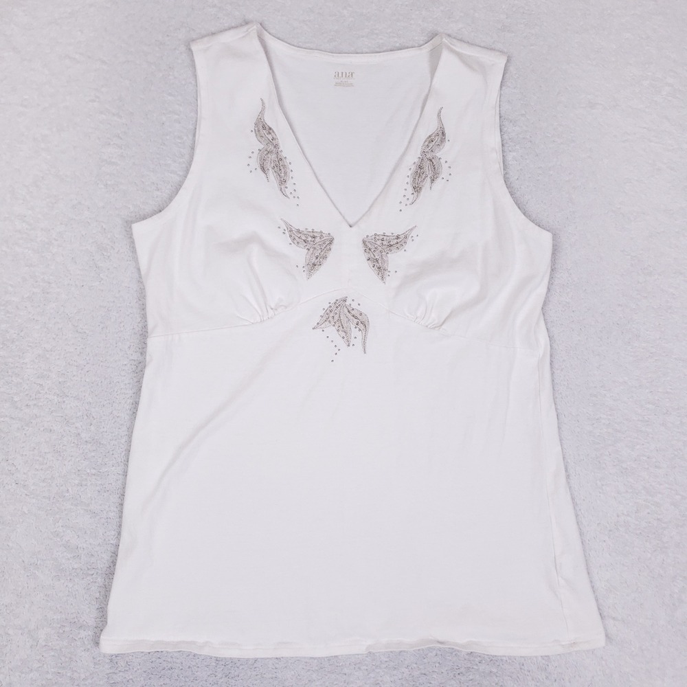 A.N.A. Tank Top Womens XL White Beaded V Neck Cotton Casual Sleeveless